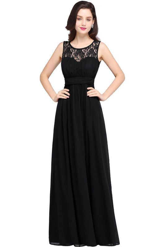 Elegant Round Neck Chiffon Formal Dress Sleveless Aline Evening Dress Floor Length - Black / US 2 - Prom Dresses
