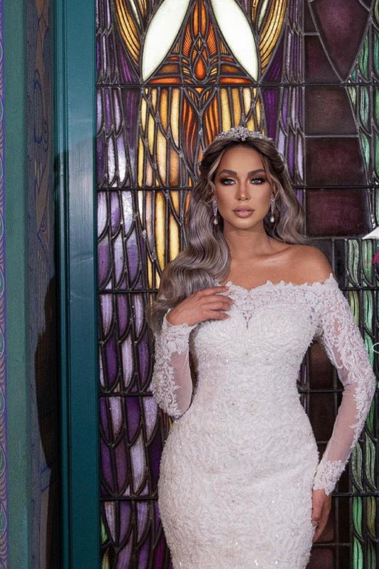 Long Detachable Sleeves Off-the-Shoulder Mermaid Wedding Dresses in Modern Style