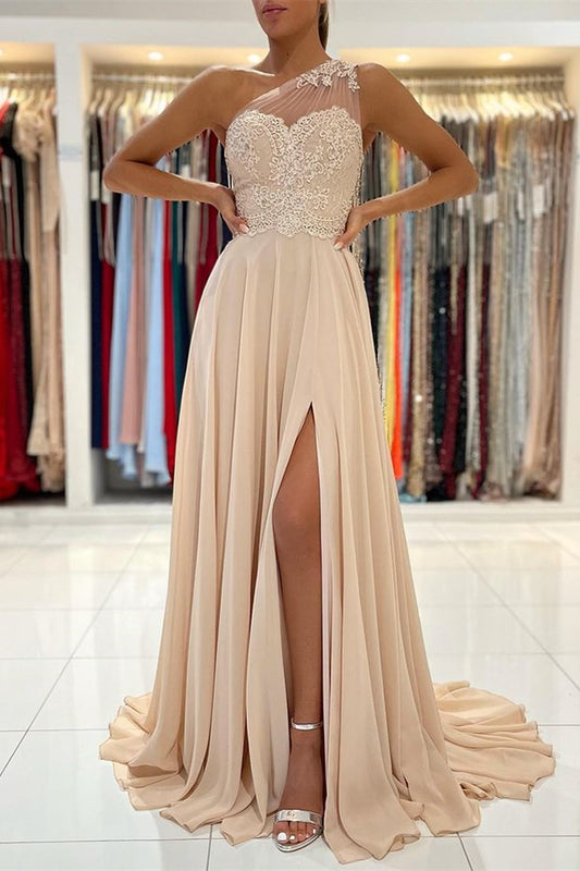 Modern One Shoulder Lace Appliques Prom Dress Chiffon With Slit