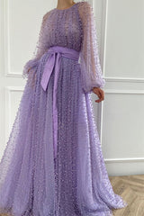 Gorgeous Long Sleeves Lilac Tulle Prom Dress Long With Pearls