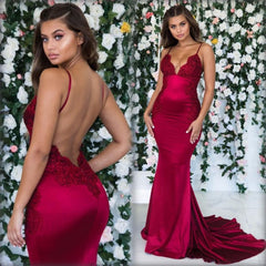 Elegant Burgundy Spaghetti-Straps Lace Prom Dress Mermaid Long