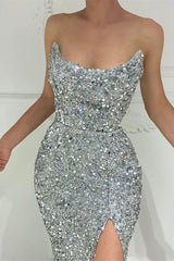 Gorgeous Silver Sequins Strapless Mermaid Prom Dress Long With Split