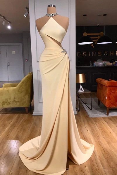 White Sleeveless Rhinestone Mermaid Prom Dress with Split