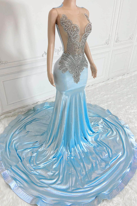Fabulous Sky Blue Scoop Sleeveless Mermaid Prom Gown With Beadings On Sale