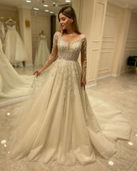 Elegant A-line Wedding Dress with Long Lace Appliques and Sleeves
