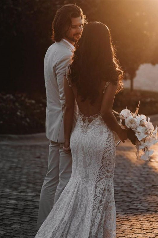 Mermaid Wedding Dress with Sheer Straps, Chapel Train, and Lace Beadings
