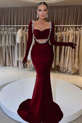 Black Beaded Prom Dress With Gloves Sweetheart Long Sleeve Mermaid