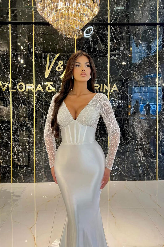Fabulous White V-Neck Long Sleeves Mermaid Prom Gown With Pearls
