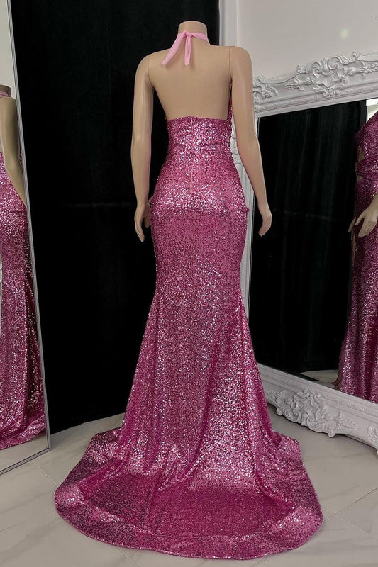 Charming Halter Sequins Prom Dress Mermaid Long Split Sleeveless Online