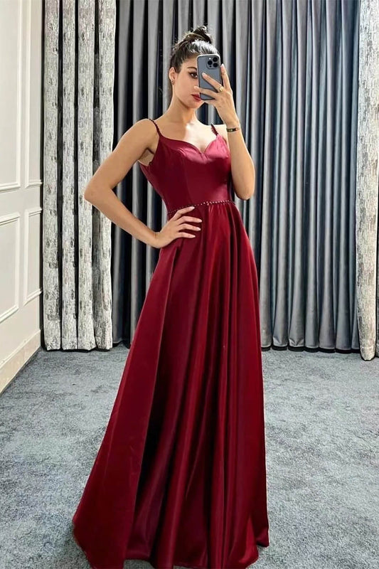 Spaghetti-Straps Sweetheart Long A-Line Prom Dress with Beads