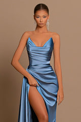 Gorgeous Sweetheart Dusty Blue Prom Dress Mermaid Long Slit With Pleats
