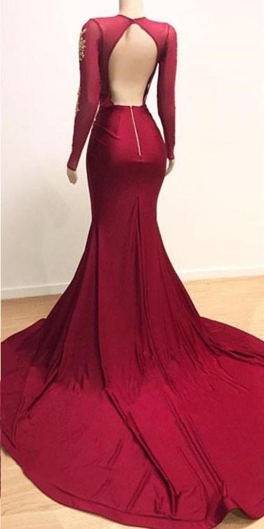 Long Sleevess Lace Appliques Mermaid Prom Dress With Slit