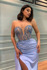 Light Blue Sweetheart Beadings Mermaid Prom Dress with Split