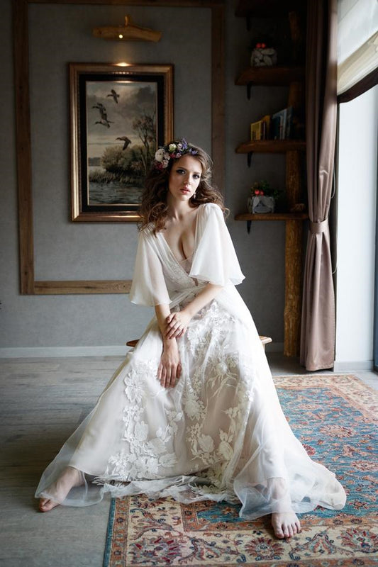 Boho V-Neck Chiffon Lace Wedding Dress Featuring an A-Line Cut and Belt