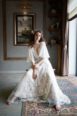 Boho V-Neck Chiffon Lace Wedding Dress Featuring an A-Line Cut and Belt