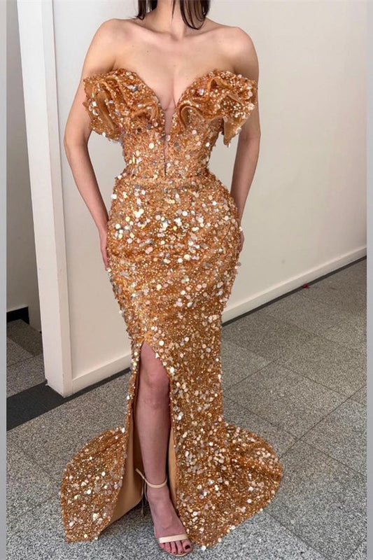 Champagne Prom Dress V Neck Pleated Sequins With Slit