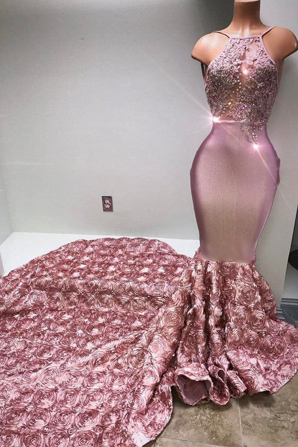 Stunning Pink Halter Lace Mermaid Prom Dress WIth Flowers Bottom