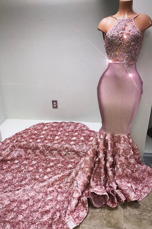Stunning Pink Halter Lace Mermaid Prom Dress WIth Flowers Bottom