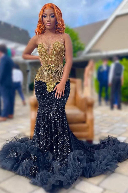 Classic Dark Navy Sequins Prom Dress Mermaid With Crystal Sleeveless