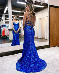 Royal Blue Sequin Prom Dress V Neck Backless