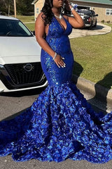 Modern Royal Blue V-Neck Mermaid Prom Dress With Flowers Bottom Sleeveless