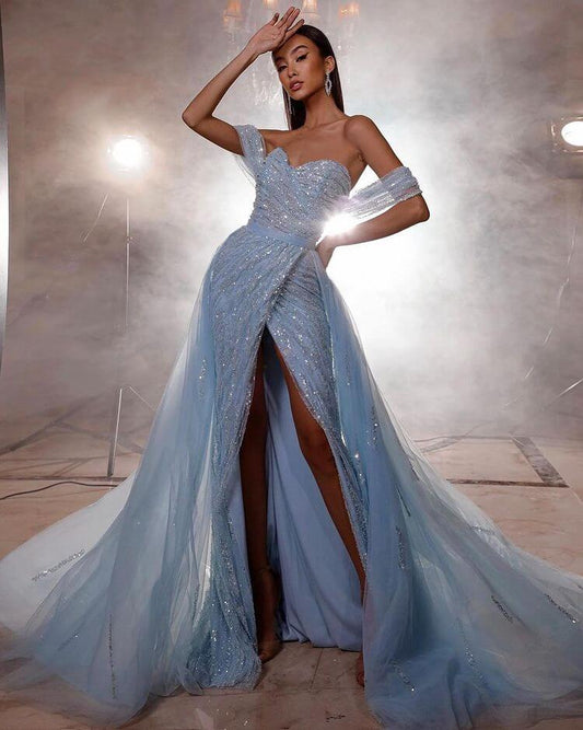 Charming Sky Blue Off-the-Shoulder Prom Dress Mermaid Split Tulle With Beadings