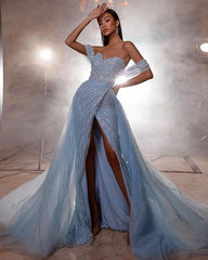 Charming Sky Blue Off-the-Shoulder Prom Dress Mermaid Split Tulle With Beadings