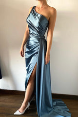 New Arrival Dusty Blue One Shoulder Sleeveless Mermaid Prom Dress Pleats With Split Detachable Ruffles
