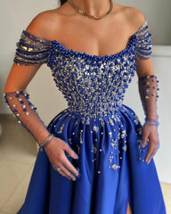 Beautiful Royal Blue Off-the-Shoulder Long Sleeves Prom Dresses Long With Beads Pearls