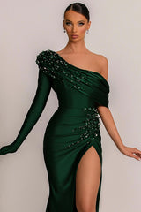 Gorgeous Dark Green One Shoulder Single Sleeve Mermaid Prom Dress Beadings With Split