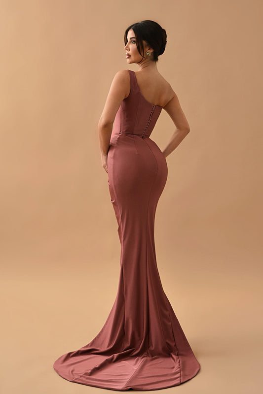 Gorgeous Dusty Rose One Shoulder Mermaid Prom Dress Pleats With Split