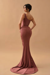 Gorgeous Dusty Rose One Shoulder Mermaid Prom Dress Pleats With Split