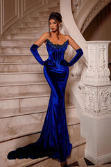 Chic Royal Blue Strapless Mermaid Prom Dress Velvet With Beads