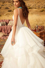 V-neck A-line Wedding Dress with Elegant Ruffles, Spaghetti Straps, and Tulle Backless Design