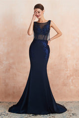 New Arrival Dark Navy Sleeveless Mermaid Prom Dress Long With Appliques