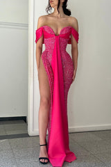 Chic Fuchsia Off-The-Shoulder Sweetheart Mermaid Prom Dress Sequins With High Split