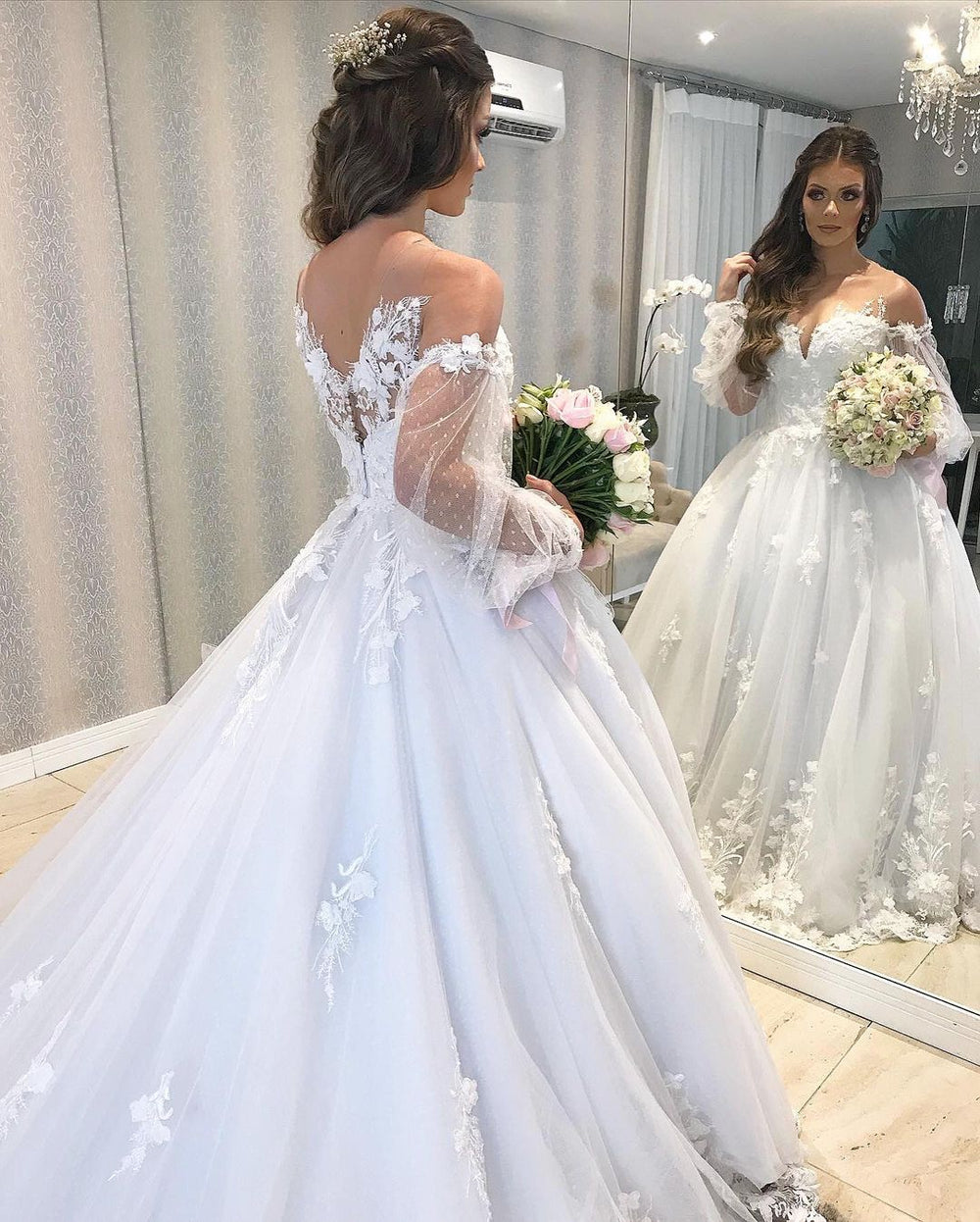 Elegant Off-the-shoulder Princess Wedding Gown with Long Tulle Skirt and Bubble Sleeves
