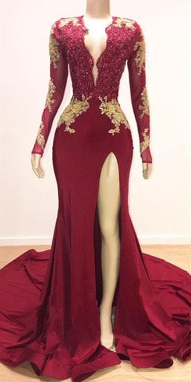 Long Sleevess Lace Appliques Mermaid Prom Dress With Slit