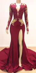 Long Sleevess Lace Appliques Mermaid Prom Dress With Slit