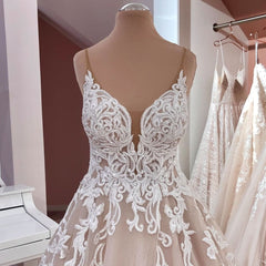 Elegant V-neck A-Line Wedding Gown with Spaghetti Straps, Backless Design, and Appliques Lace Tulle