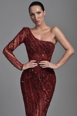 Brgundy Evening Dress One Shoulder Sequins Heavy Mermaid