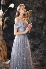 New Arrival Dusty Blue Long Tulle Prom Dress Butterfly Sequins Lace Up