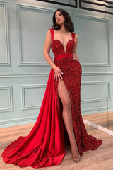 Red Starps Beadings Mermaid Slit Prom Dress With Ruffles