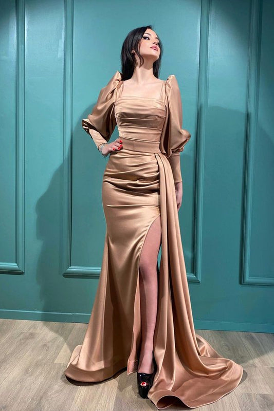 Gorgeous Square Bubble Long Sleeves Prom Dress Mermaid Slit With Ruffles
