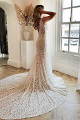 Mermaid Wedding Dress with V Neck Lace and Chapel Train