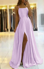  Sage Green Spaghetti-Straps Prom Dress Long Pleated with Slit