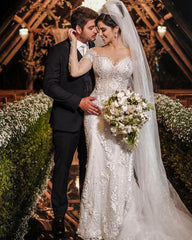 Elegant Off-the-Shoulder Mermaid Wedding Gown with Lace Appliques and Long Sleeves
