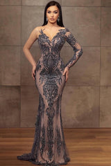 V-Neck One Shoulder Long Prom Dress Long Sleeveless with Lace Appliques