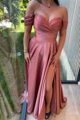 Modern Dusty Rose Off-the-Shoulder Prom Dress Long Slit