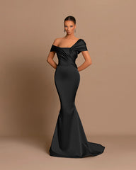 Grey Evening Dress Off-the-Shoulder Bateau Pleated Gown